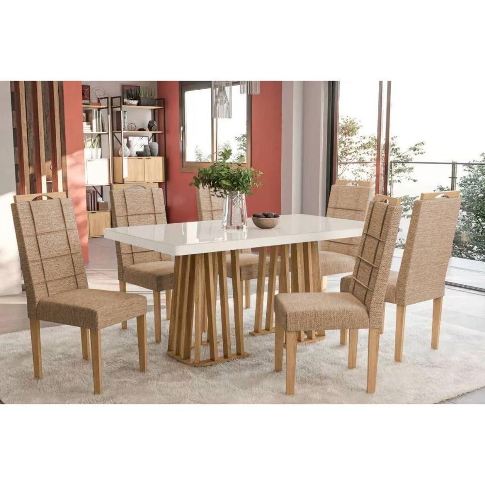 Sala de Jantar Completa Alteia Tampo Madeirado c/ Vidro 90x160cm e 6 Cadeiras 2CAD150 Nogueira/Off White/Vidro Off White - Eucalipto - Kappesberg - 1