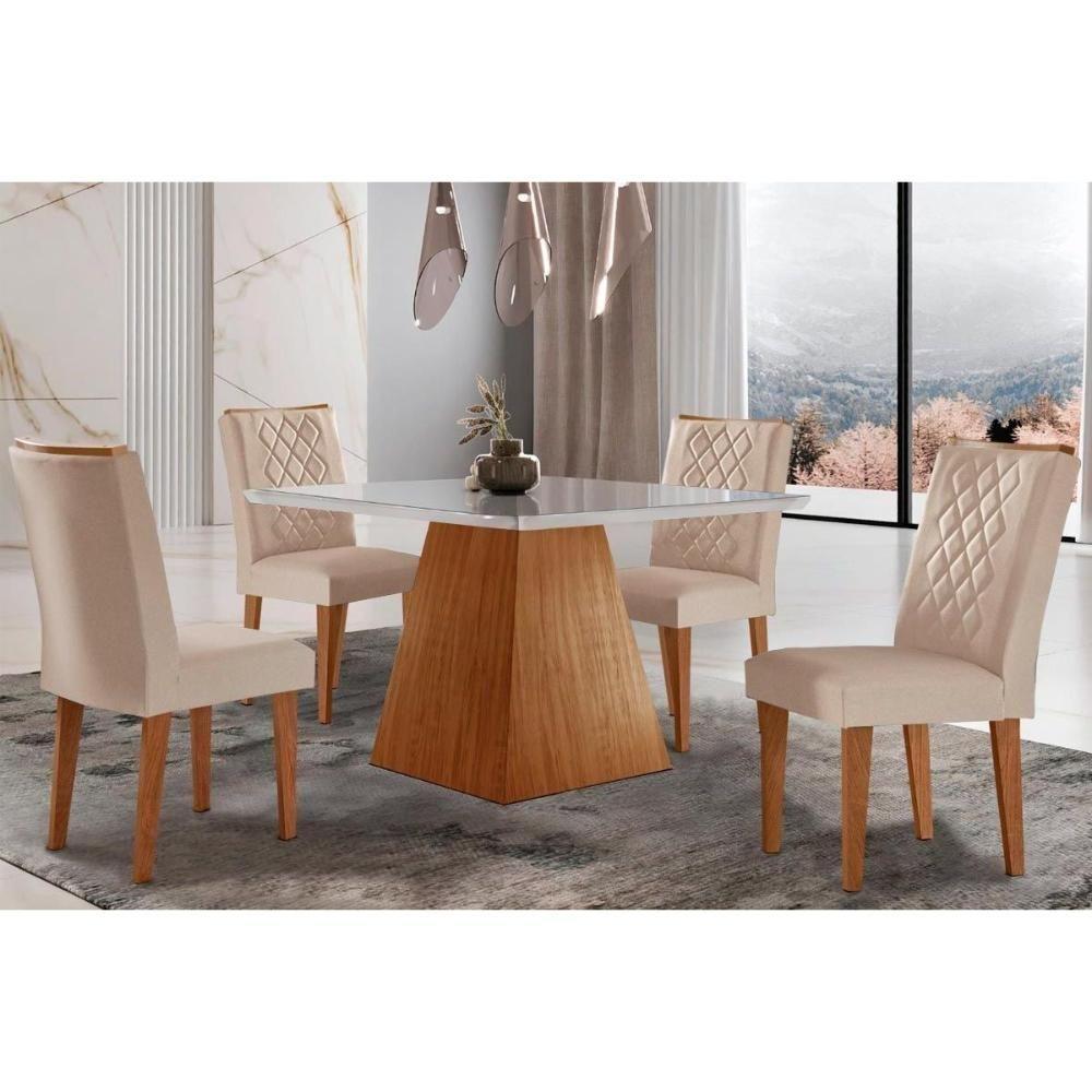 Sala de Jantar Completa Luna c/ Tampo Madeirado c/ Vidro Canto Curvo 90x90cm e 4 cadeiras Jade Imbuia/Off White - Suede Creme - Rufato - 1