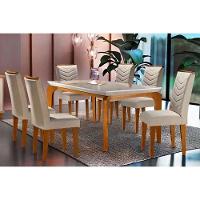 Sala de Jantar Completa Londrina Tampo Madeirado c/ Vidro Curvo 180x90 e 6 Cadeiras Londrina Imbuia/Veludo Creme/Pérola - Rufato - 1