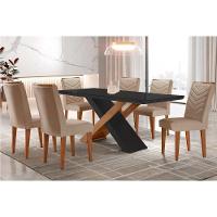 Sala de Jantar Completa Imperatriz Tampo Madeirado c/ Vidro Canto Curvo 180x90 e 6 Cadeiras Londrina Imbuia/Grafite - Suede Capuccino - Rufato - 1