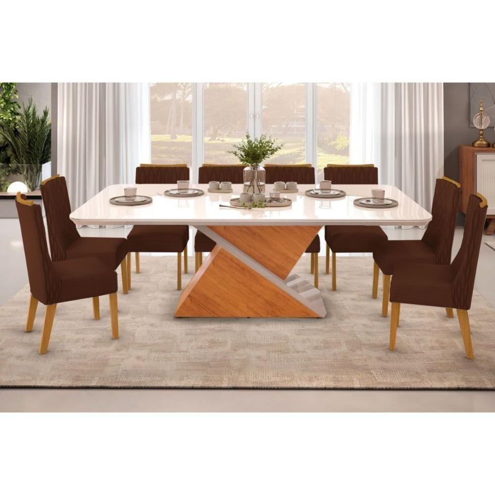 Sala de Jantar Completa Zafira Tampo Madeirado c/ Vidro Curvo 200x100cm e 8 Cadeiras Jade Cedro/Off White - Suede Moca - DJ Móveis - 1