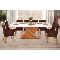 Sala de Jantar Completa Zafira Tampo Madeirado c/ Vidro Curvo 200x100cm e 8 Cadeiras Jade Cedro/Off White - Suede Moca - DJ Móveis - 1