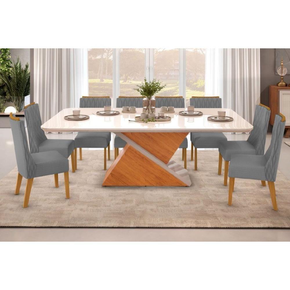 Sala de Jantar Completa Zafira Tampo Madeirado c/ Vidro Curvo 200x100cm e 8 Cadeiras Jade Cedro/Off White - Suede Lunar - DJ Móveis - 1