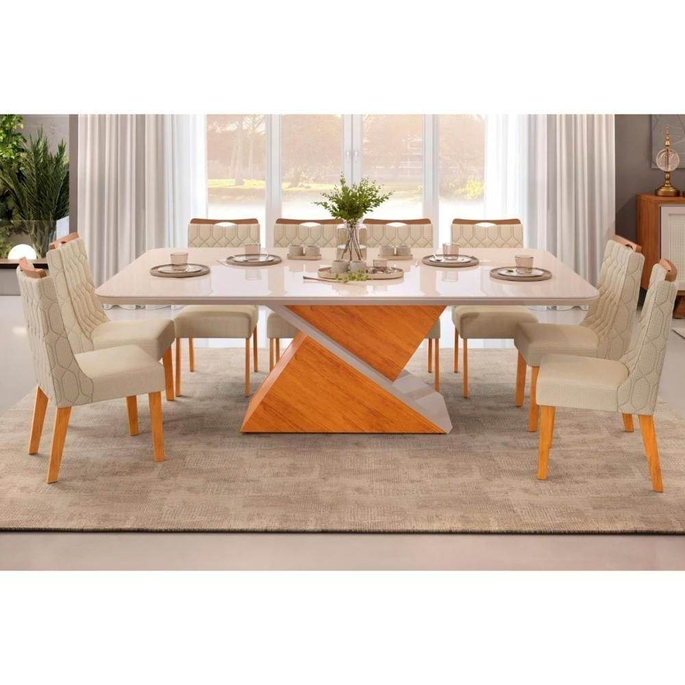 Sala de Jantar Completa Zafira Tampo Madeirado c/ Vidro Curvo 200x100cm e 8 Cadeiras Bia Cedro/Off White - Freijo/Linho Neve - DJ Móveis - 1