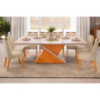 Sala de Jantar Completa Zafira Tampo Madeirado c/ Vidro Curvo 200x100cm e 8 Cadeiras Bia Cedro/Off White - Freijo/Linho Neve - DJ Móveis - 1