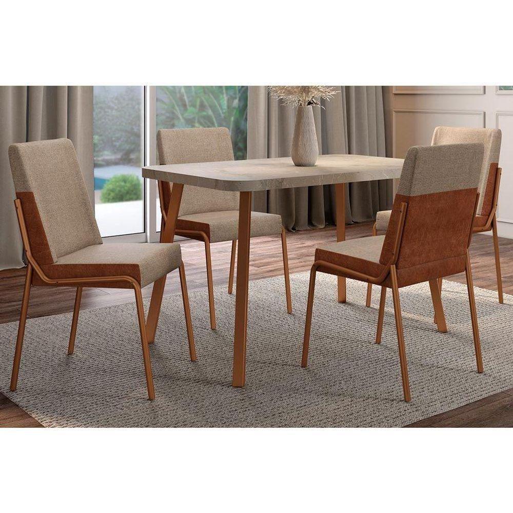 Sala de Jantar Completa Stellar 1598 Aço c/ Tampo Madeirado 120x80cm e 4 Cadeiras Hug Rose/Petra - Rose/Areia -  Caramelo - Carraro - 1