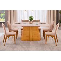 Sala de Jantar Completa Ryze Tampo Madeirado c/ Vidro Curvo 180x100cm e 6 Cadeiras Sofia Cedro/Off White - Ipe/Suede Creme - DJ Móveis - 1