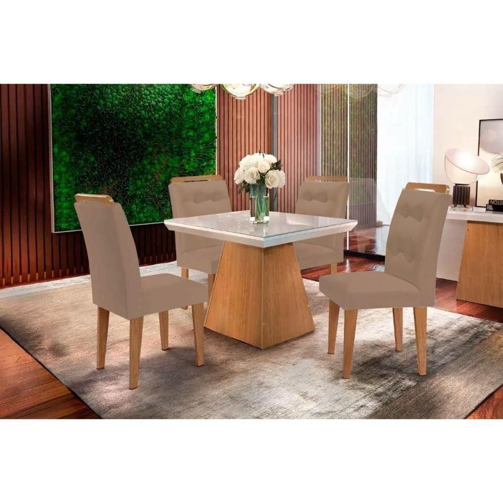 Sala de Jantar Completa Luna c/ Tampo Madeirado Vidro Canto Curvo 90x90cm e 4 cadeiras Imperatriz Imbuia/Off White - Suede Capuccino - Rufato - 1