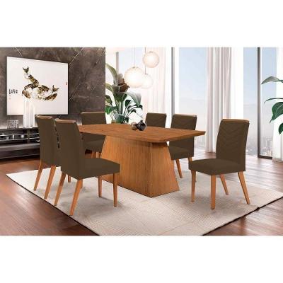 Sala de Jantar Completa Luna c/ Tampo Madeirado Canto Curvo 180x90cm e 6 cadeiras Londrina Imbuia-Capuccino/Suede Marrom - Rufato