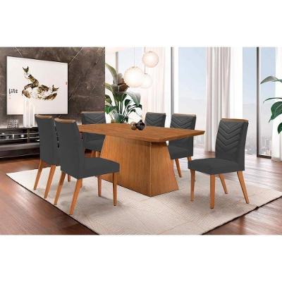 Sala de Jantar Completa Luna c/ Tampo Madeirado Canto Curvo 180x90cm e 6 cadeiras Londrina Imbuia-Capuccino/Suede Grafite - Rufato