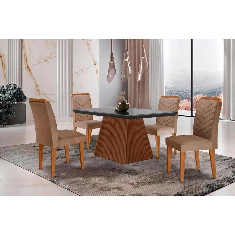 Sala de Jantar Completa Luna c/ Tampo Madeirado Vidro Canto Curvo 120x80cm e 4 cadeiras Londrina Imbuia/Grafite - Suede Capuccino - Rufato - 1