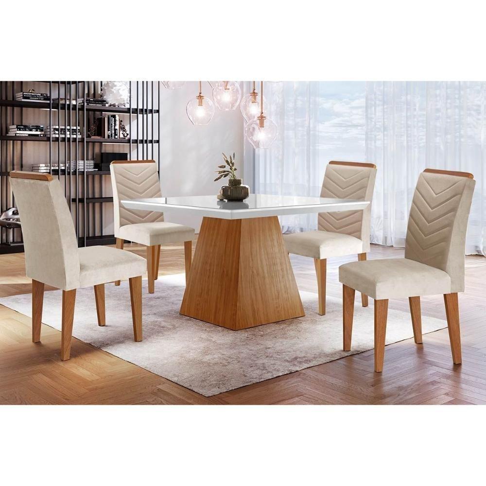 Sala de Jantar Completa Luna c/ Tampo Madeirado c/ Vidro Canto Curvo 90x90cm e 4 cadeiras Londrina Imbuia/Off White - Suede Creme - Rufato - 1