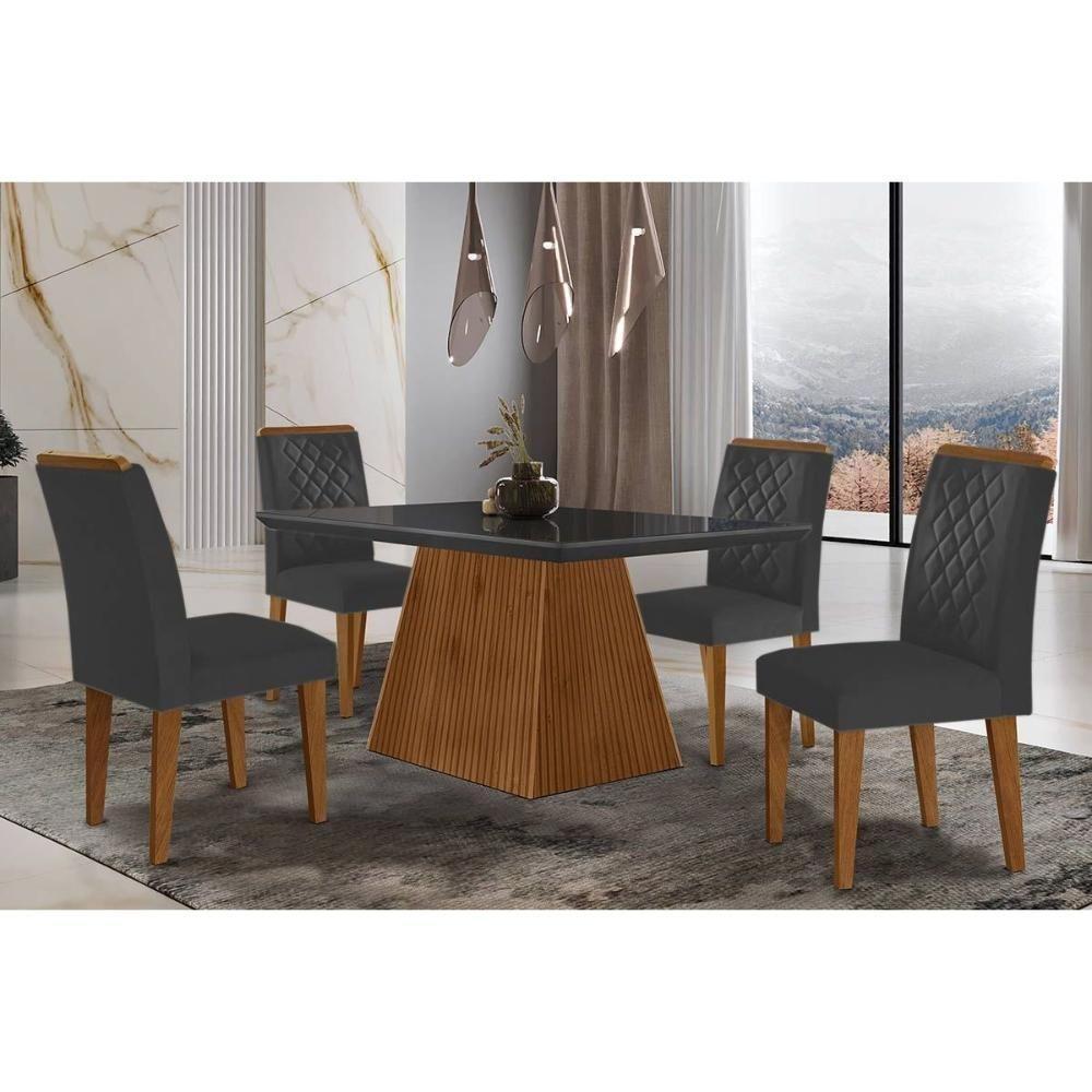 Sala de Jantar Completa Luna c/ Tampo Madeirado c/ Vidro Canto Curvo 120x80cm e 4 cadeiras Jade Imbuia/Grafite - Suede Grafite - Rufato - 1