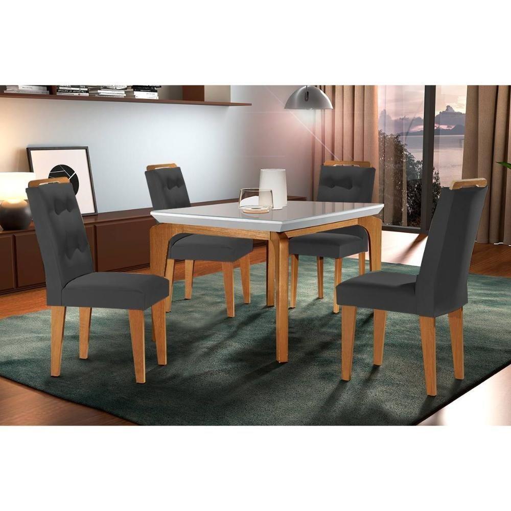 Sala de Jantar Completa Londrina c/ Tampo Madeirado c/ Vidro Canto Curvo 120x80cm e 4 cadeiras Imperatriz Imbuia/Off White - Suede Grafite - Rufato - 1