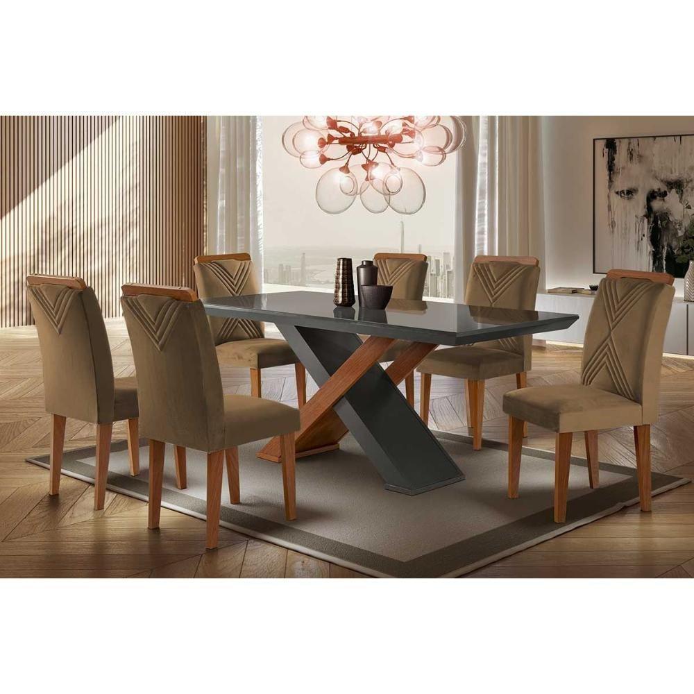 Sala de Jantar Completa Imperatriz Tampo Madeirado c/ Vidro Reto 180x90 e 6 Cadeiras Amsterdã Imbuia/Grafite - Suede Capuccino - Rufato - 1