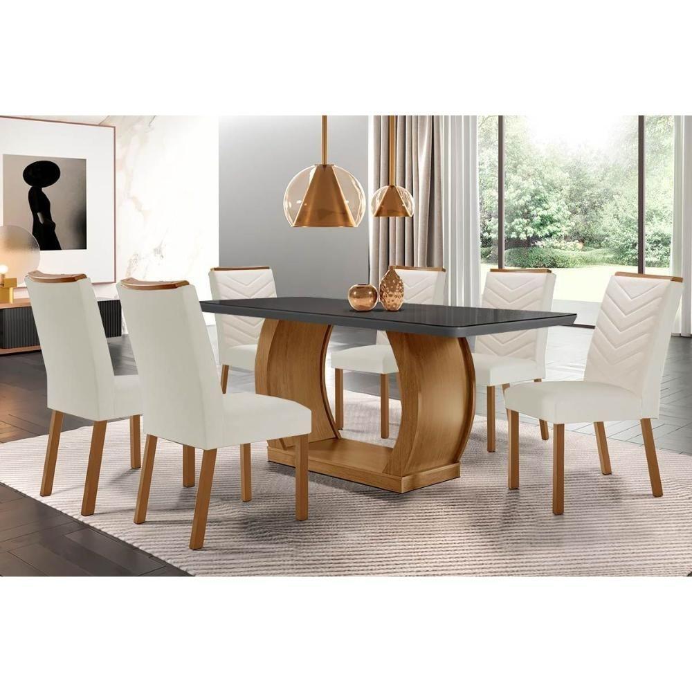 Sala de Jantar Completa Jade Tampo Madeirado c/ Vidro Canto Curvo 180x90 e 6 Cadeiras Londrina Imbuia/Grafite - Suede Creme - Rufato - 1