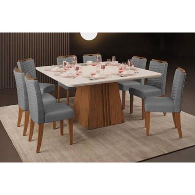 Sala de Jantar Completa Itália Tampo Madeirado c/ Vidro Curvo 136x136cm e 8 Cadeiras Julia Freijo/Off White - Suede Lunar - DJ Móveis