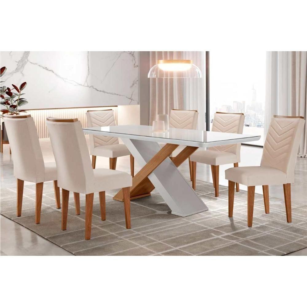 Sala de Jantar Completa Imperatriz Tampo Madeirado c/ Vidro Canto Curvo 180x90 e 6 Cadeiras Londrina Imbuia/Off White - Suede Creme - Rufato - 1