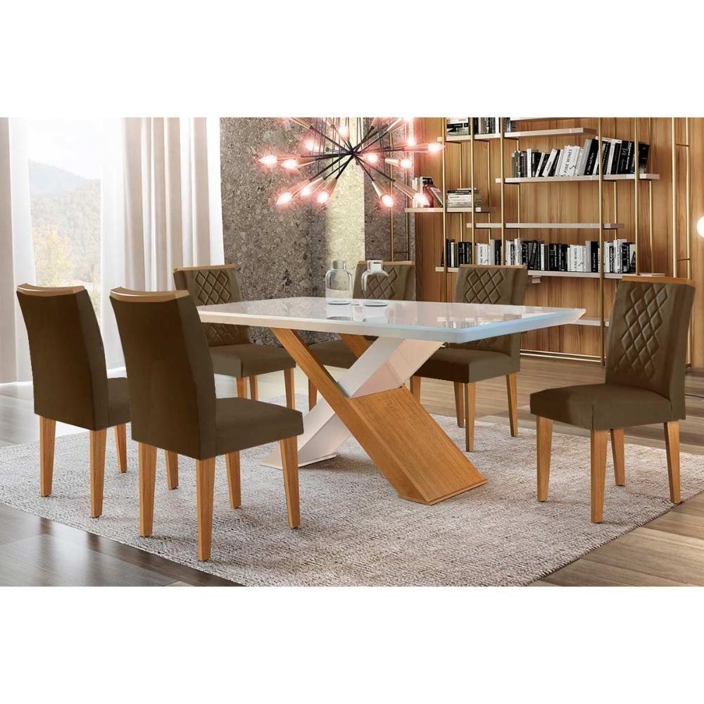 Sala de Jantar Completa Imperatriz Tampo Madeirado c/ Vidro Canto Curvo 180x90 e 6 Cadeiras Jade Imbuia/Off White - Suede Marrom - Rufato - 1
