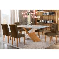 Sala de Jantar Completa Imperatriz Tampo Madeirado c/ Vidro Canto Curvo 180x90 e 6 Cadeiras Jade Imbuia/Off White - Suede Marrom - Rufato - 1