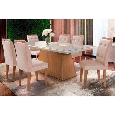 Sala de Jantar Completa Luna c/ Tampo de Vidro Canto Curvo 180x90cm e 6 cadeiras Imperatriz Imbuia/Off White - Suede Creme - Rufato
