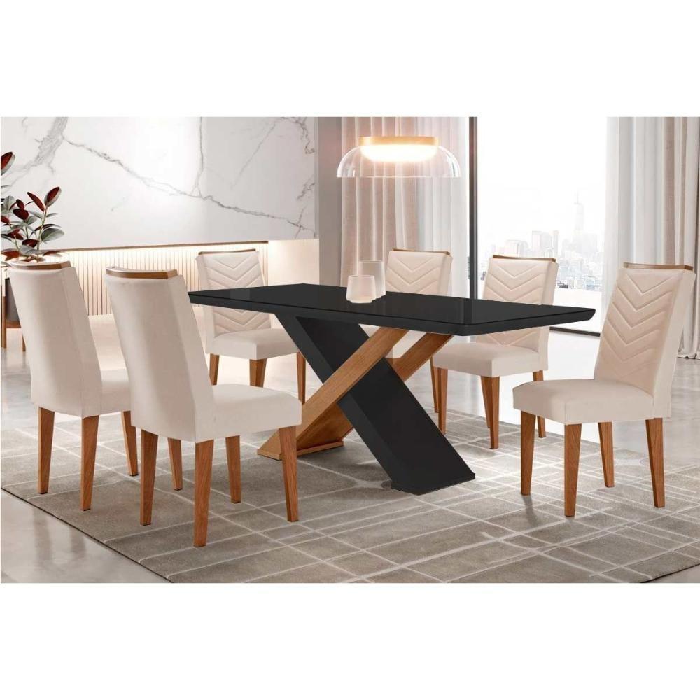 Sala de Jantar Completa Imperatriz Tampo Madeirado c/ Vidro Canto Curvo 180x90 e 6 Cadeiras Londrina Imbuia/Grafite - Suede Creme - Rufato - 1