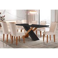 Sala de Jantar Completa Imperatriz Tampo Madeirado c/ Vidro Canto Curvo 180x90 e 6 Cadeiras Londrina Imbuia/Grafite - Suede Creme - Rufato - 1