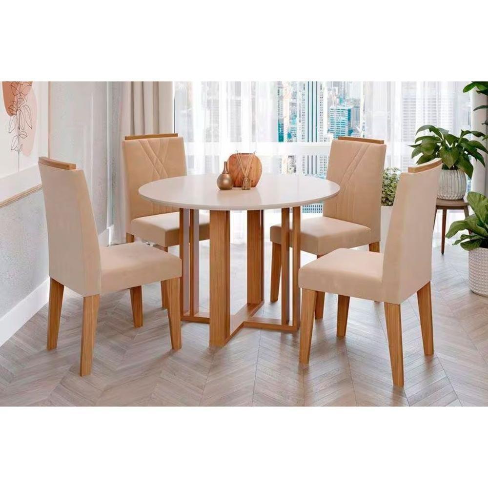 Sala de Jantar Completa Flora c/ Tampo Madeirado c/ Vidro 109cm e 4 Cadeiras Nicole Cinamomo/Off White - Savana/Nature-Suede Nude - Cimol - 1