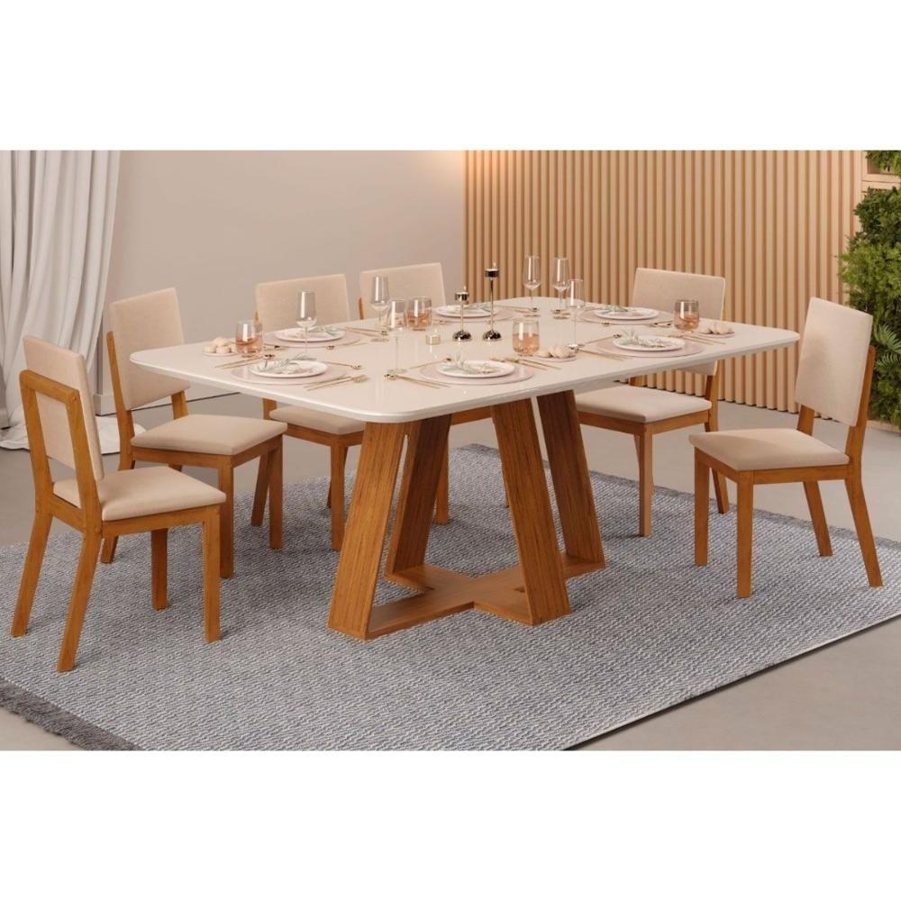 Sala de Jantar Completa Celeste Tampo Madeirado c/ Vidro Retangular 160x90cm e 6 Cadeiras Talia Freijo/Off White - Suede Creme - DJ Móveis - 1