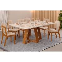 Sala de Jantar Completa Celeste Tampo Madeirado c/ Vidro Retangular 160x90cm e 6 Cadeiras Talia Freijo/Off White - Suede Creme - DJ Móveis - 1