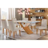 Sala de Jantar Completa Imperatriz Tampo Madeirado c/ Vidro Canto Curvo 180x90 e 6 Cadeiras Jade Imbuia/Off White - Suede Creme - Rufato - 1