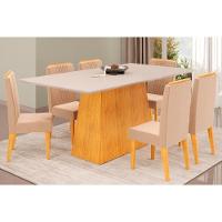 Sala de Jantar Completa Dulce Tampo Madeirado c/ Vidro Reto 180x90cm e 6 Cadeiras Lia Cedro/Off White - Suede Kraft - DJ Móveis - 1