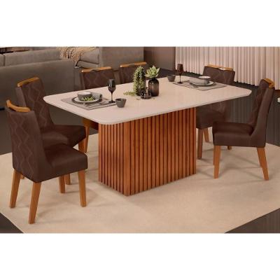 Sala de Jantar Completa Canes Tampo Madeirado c/ Vidro Curvo 170x90cm e 6 Cadeiras Stela Freijo/Off White - Ipe/Suede Moca - DJ Móveis