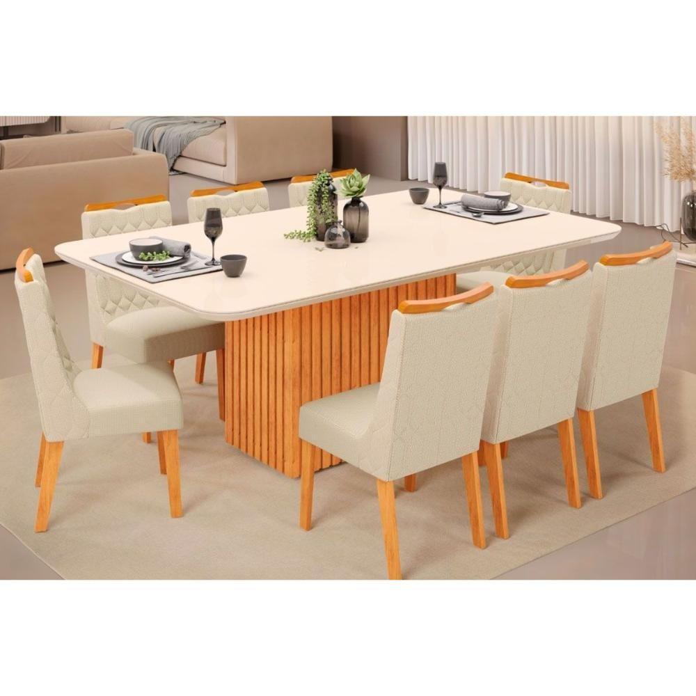 Sala de Jantar Completa Canes Tampo Madeirado c/ Vidro Curvo 200x100cm e 8 Cadeiras Bia Cedro/Off White - Linho Neve - DJ Móveis - 1