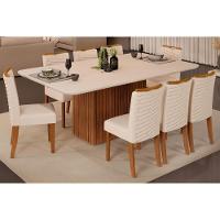 Sala de Jantar Completa Canes Tampo Madeirado c/ Vidro Curvo 200x100cm e 8 Cadeiras Julia Freijo/Off White - Linho Neve - DJ Móveis - 1