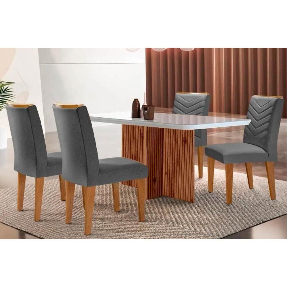 Sala De Jantar Completa Berlim C- Tampo Madeirado C- Vidro Canto Curvo 120x80cm E 4 Cadeiras Londrina Imbuia-off White - Linho Grafite - Rufato - 1