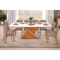 Sala de Jantar Completa Zafira Tampo Madeirado c/ Vidro Curvo 200x100cm e 8 Cadeiras Jade Cedro/Off White - Suede Kraft - DJ Móveis - 1