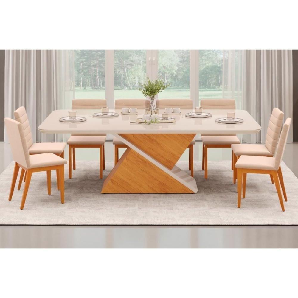 Sala de Jantar Completa Zafira Tampo Madeirado c/ Vidro Curvo 200x100cm e 8 Cadeiras Sofia Cedro/Off White - Ipe/Suede Creme - DJ Móveis - 1