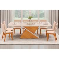 Sala de Jantar Completa Zafira Tampo Madeirado c/ Vidro Curvo 200x100cm e 8 Cadeiras Sofia Cedro/Off White - Ipe/Suede Creme - DJ Móveis - 1