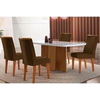 Sala de Jantar Completa Berlim c/ Tampo Madeirado Vidro Canto Curvo 120x80cm e 4 Cadeiras Jade Imbuia/Off White - Suede Marrom - Rufato - 1