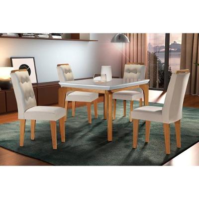Sala de Jantar Completa Londrina c/ Tampo Madeirado c/ Vidro Canto Reto 120x80cm e 4 cadeiras Imperatriz Imbuia/Off White - Suede Creme - Rufato