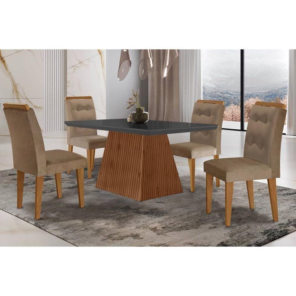 Sala de Jantar Completa Luna c/ Tampo Madeirado c/ Vidro Canto Curvo 120x80cm e 4 cadeiras Imperatriz Imbuia/Grafite - Suede Capuccino - Rufato - 1