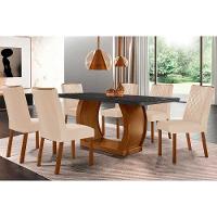 Sala de Jantar Completa Jade c/ Tampo Madeirado c/ Vidro Canto Curvo 180x90cm e 6 Cadeiras Jade Imbuia/Grafite - Suede Creme - Rufato - 1