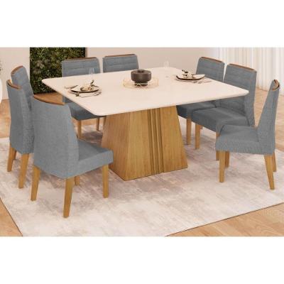 Sala de Jantar Completa Itália Tampo Madeirado c/ Vidro Curvo 136x136cm e 8 Cadeiras Ondina Cedro/Off White - Suede Lunar - DJ Móveis