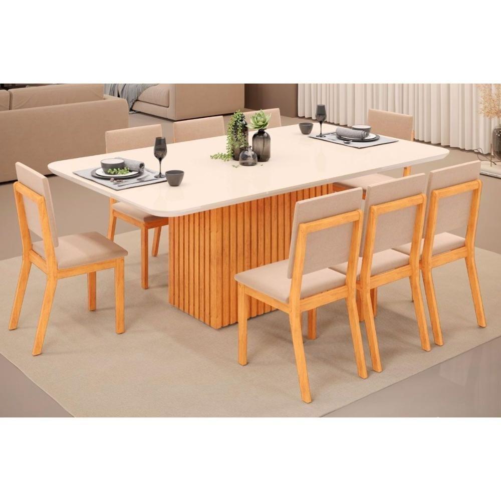 Sala de Jantar Completa Canes Tampo Madeirado c/ Vidro Curvo 170x90cm e 8 Cadeiras Talia Cedro/Off White - Suede Creme - DJ Móveis - 1