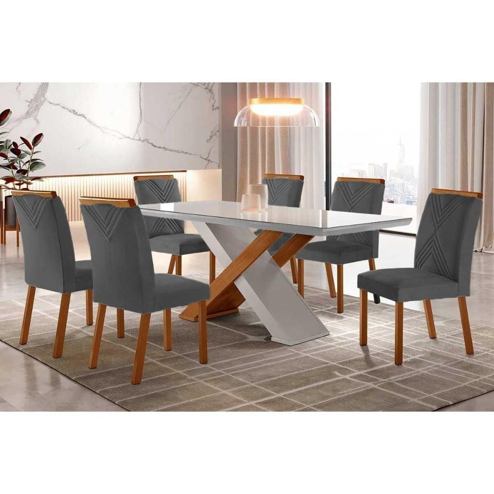 Sala de Jantar Completa Imperatriz Tampo Madeirado c/ Vidro Reto 180x90 e 6 Cadeiras Amsterdã Imbuia/Off White - Linho Grafite - Rufato - 1