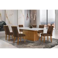 Sala de Jantar Completa Luna c/ Tampo Vidro Canto Curvo 180x90cm e 6 cadeiras Jade Imbuia/Off White - Suede Marrom - Rufato - 1