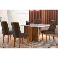 Sala de Jantar Completa Berlim c/ Tampo Madeirado c/ Vidro Canto Curvo 120x80cm e 4 Cadeiras Jade Imbuia/Off White - Suede Grafite - Rufato - 1