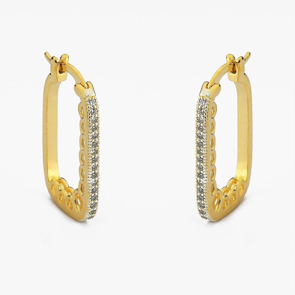 Brinco Argola Retangular Folheada A Ouro 18k Metade Cravejada Com Zircônia - 1