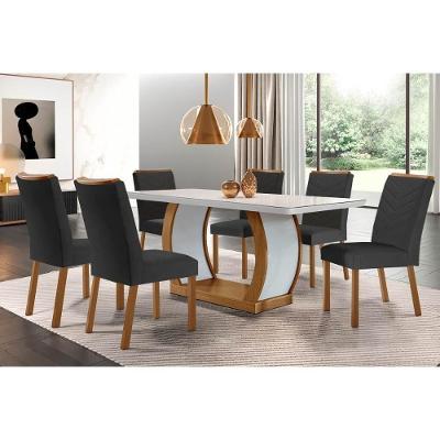 Sala de Jantar Completa Jade Tampo Madeirado c/ Vidro Canto Curvo 180x90 e 6 Cadeiras Londrina Imbuia/Off White - Suede Grafite - Rufato
